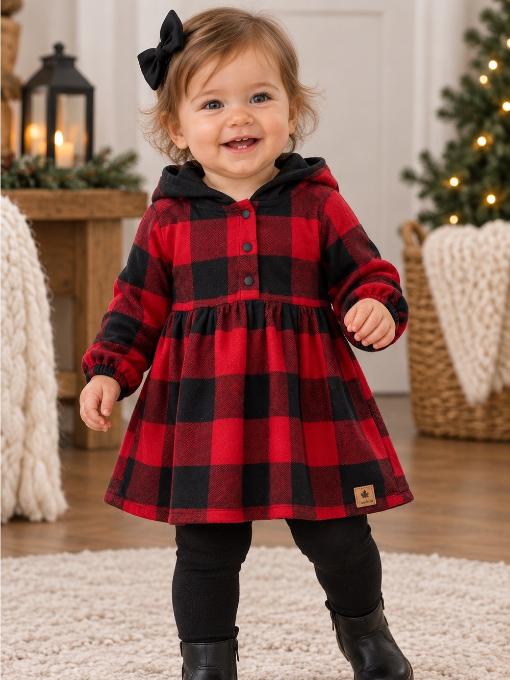 Canadiana Baby Buffalo Plaid Hooded Flannel Dress – 6-12M Red Black